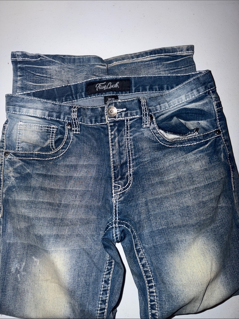 True Luck Slim Straight Men's Denim Jeans in Faded Blue
